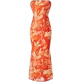 winkbay Women's Boho Print Backless Tube Top Dress Summer Bodycon Slit Maxi Sundress Wedding Guest Dresses