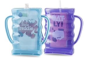 PandaEar 2 Pack Pouch Holder No Squeeze, Baby Food Pouch Juice Boxe Holder with Handle for Food Pouches and Drinks, Blue/Purp