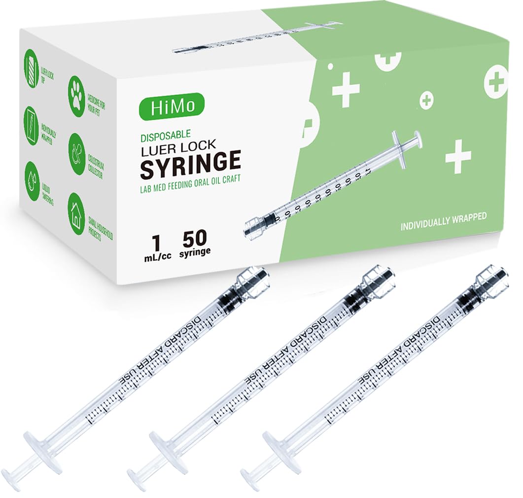 Photo 1 of 50 Pack 1mL Luer Lock Syringe without Needle 1cc Small Plastic Sterile Syringes Individually Wrapped