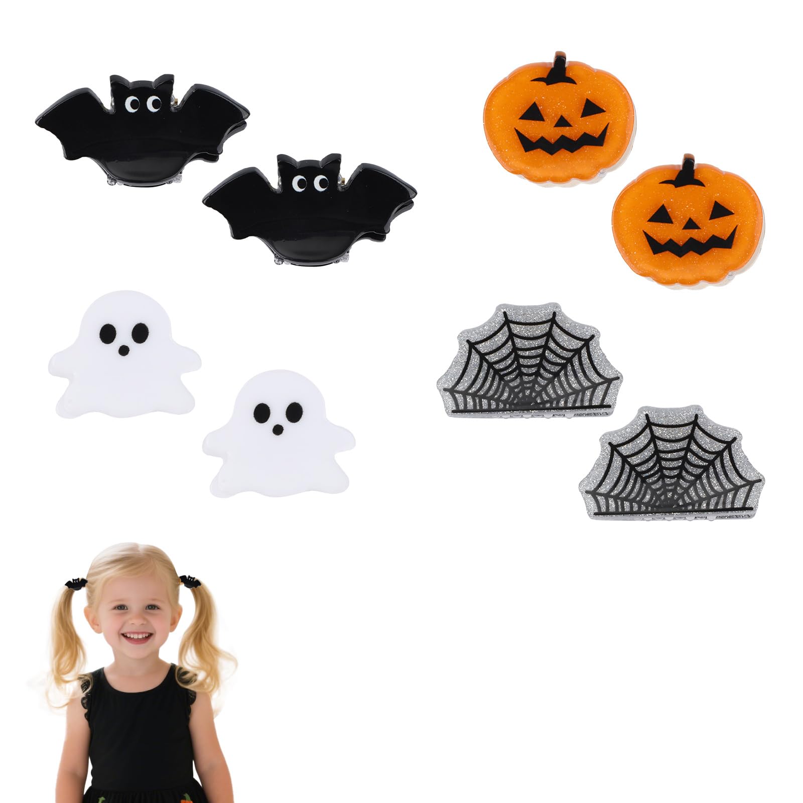 Photo 1 of 8pcs Halloween Hair Clips, Mini Cute Spooky Horror Goth Halloween Hair Accessories Pumpkin Ghost Bat Spider Web Designs Claw Barrettes for Girls Women