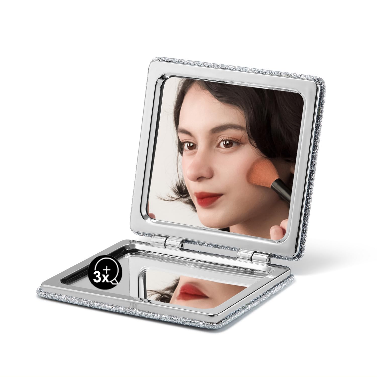 OMIRO Compact Mirror with 1x/3x Magnification, Square with PU Leather, Small Mirror for Purses, Daily Makeup (Glitter Silver)