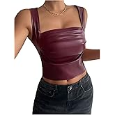 SHENHE Women's PU Leather Deep Square Neck Tank Tops Ruched Fitted Sleeveless Crop Tops
