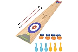 JstFrU Portable Indoor Shuffleboard Table Game, Curling Game and Bowling Game 3 in 1 Board Game Set,with 11.7 Foot Game Mat,2 Cues,8 Curling Rocks,6 Bowling Pins,Fun Family Game