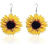 KaFu Wooden Sunflower Drop Earrings Unique Handmade Bohemian Sunflower Dangle Drop Earrings Yellow Big Simple Daisy Flower Wood Statement Earring Jewelry for Women Girls Gifts