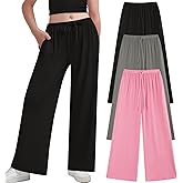 EXARUS 3 Pack Girl's Wide Leg Baggy Pants Drawstring Waist Loose Long Sweatpants Casual Cute for Teen 8-14Y