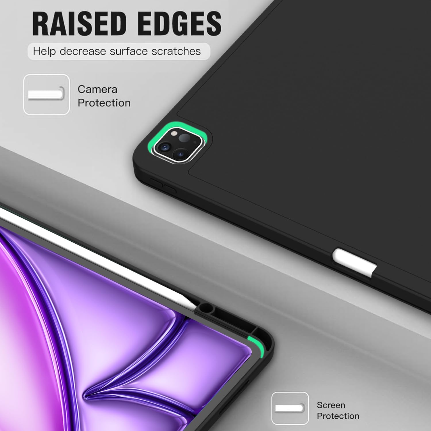 ZryXal New iPad Air 13 Inch Case M3 2025/M2 2024 with Pencil Holder, Trifold Stand Smart Case with Soft TPU Back,Auto Wake/Sleep (Black)