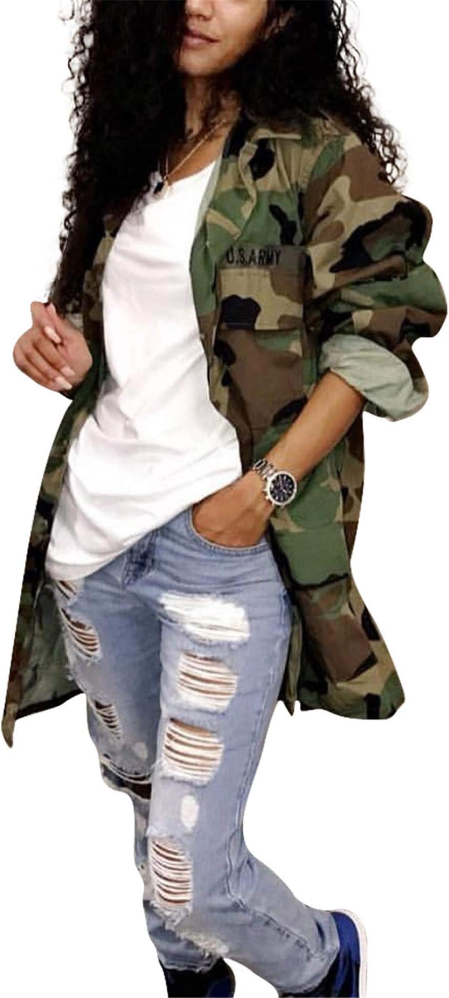 Antique StyleWomens Casual Plus Size Military Camo Print Lightweight Coat Longline Overcoat Safari Jacket Party Clubwear Army Fatigue Jackets XXXL
