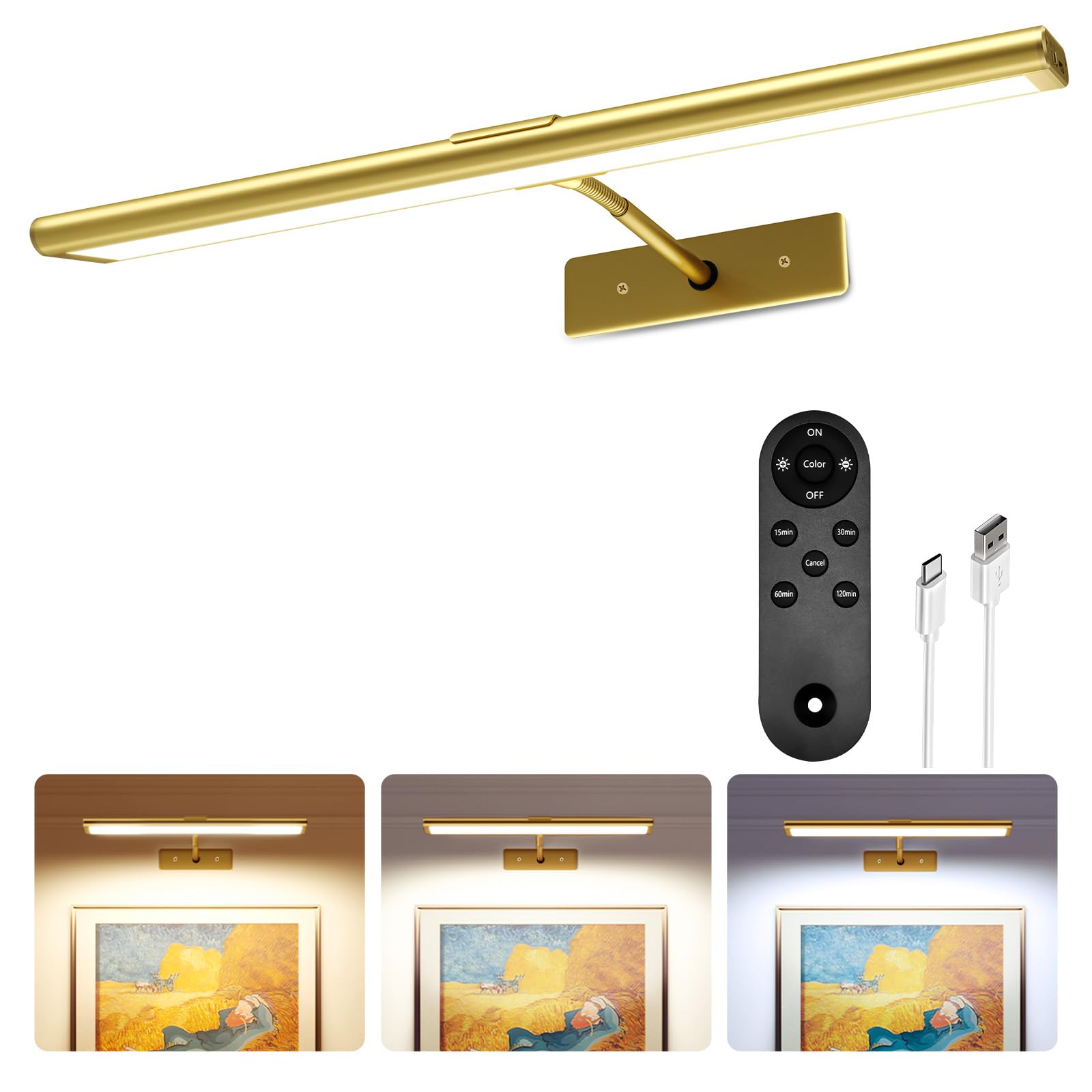 Photo 1 of EZVALO Picture Light for Wall, 4800mAh Rechargeable Wireless Remote Lights, 16'' Dimmable Magnetic LED Art Painting Light with 3 Color Temps, Display for Gallery, Living Room, Bedroom, Hallway (Gold)