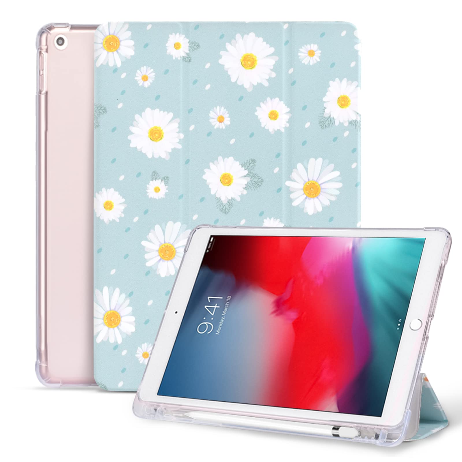 Vozehui 10.2 inch iPad 9th/8th/7th Generation Case with Pencil Holder, Daisy Print Tri-fold Stand Protective Cover with Auto Sleep Wake for iPad 10.2 inch 2021/2020/2019, Black