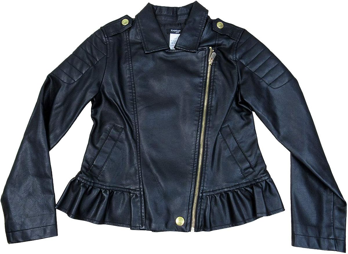 amazon com bebe big girls faux leather moto jacket size l 14 black clothing bebe big girls faux leather moto jacket size l 14 black
