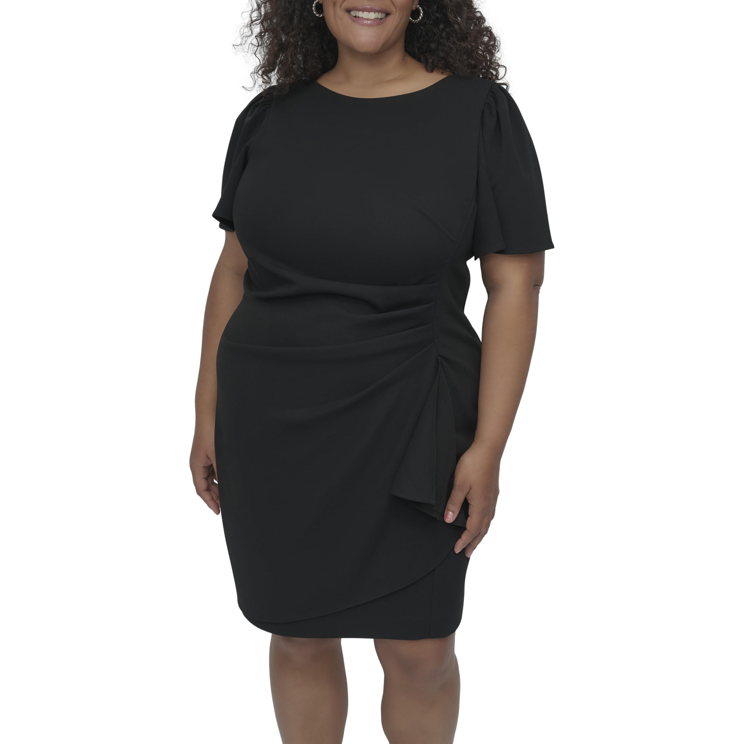 DKNY Women’s Petite Ruched Side V-Neck Short Sleeve Dress, Black, 6
