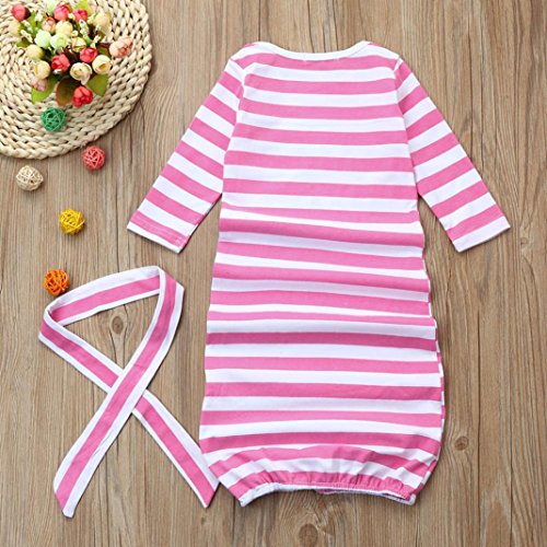 Makaor 2Pcs Newborn Pajamas Gown Outfits Set Letter Stripe Long Sleeve Gown+Headband/Hat Sleeping Swaddle Wrap By (Size:Bust:50cm/19.7" Length:65cm/25.6", Pink) - Thumbnail 5