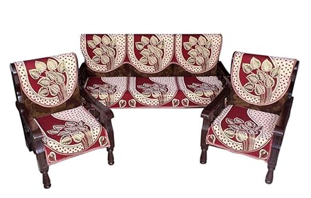 Elegant Homes Cotton Sofa Cover Set (Maroon, 69x27-inch) - Pack of 6 Pieces