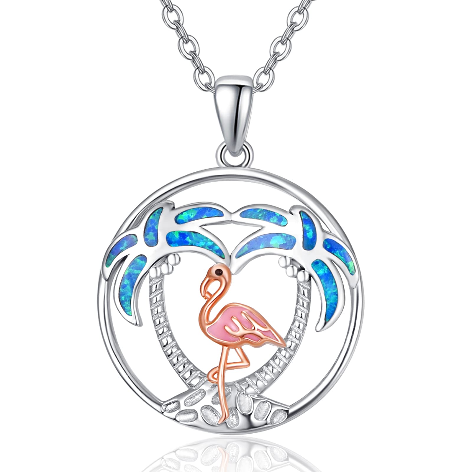 KINGWHYTE Flamingo Necklace for Women 925 Sterling Silver Blue Opal Palm Tree Pendant Flamingo Jewellery Gifts for Mum Girls Girlfriend Daughter