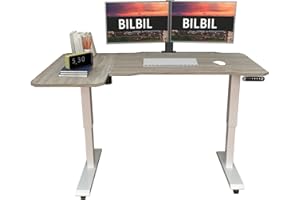 bilbil L-Shaped Electric Height Adjustable Standing Desk 59 Inches, Stand Up Rising Table for Home Office with Splice Board, White Frame and Oak Top