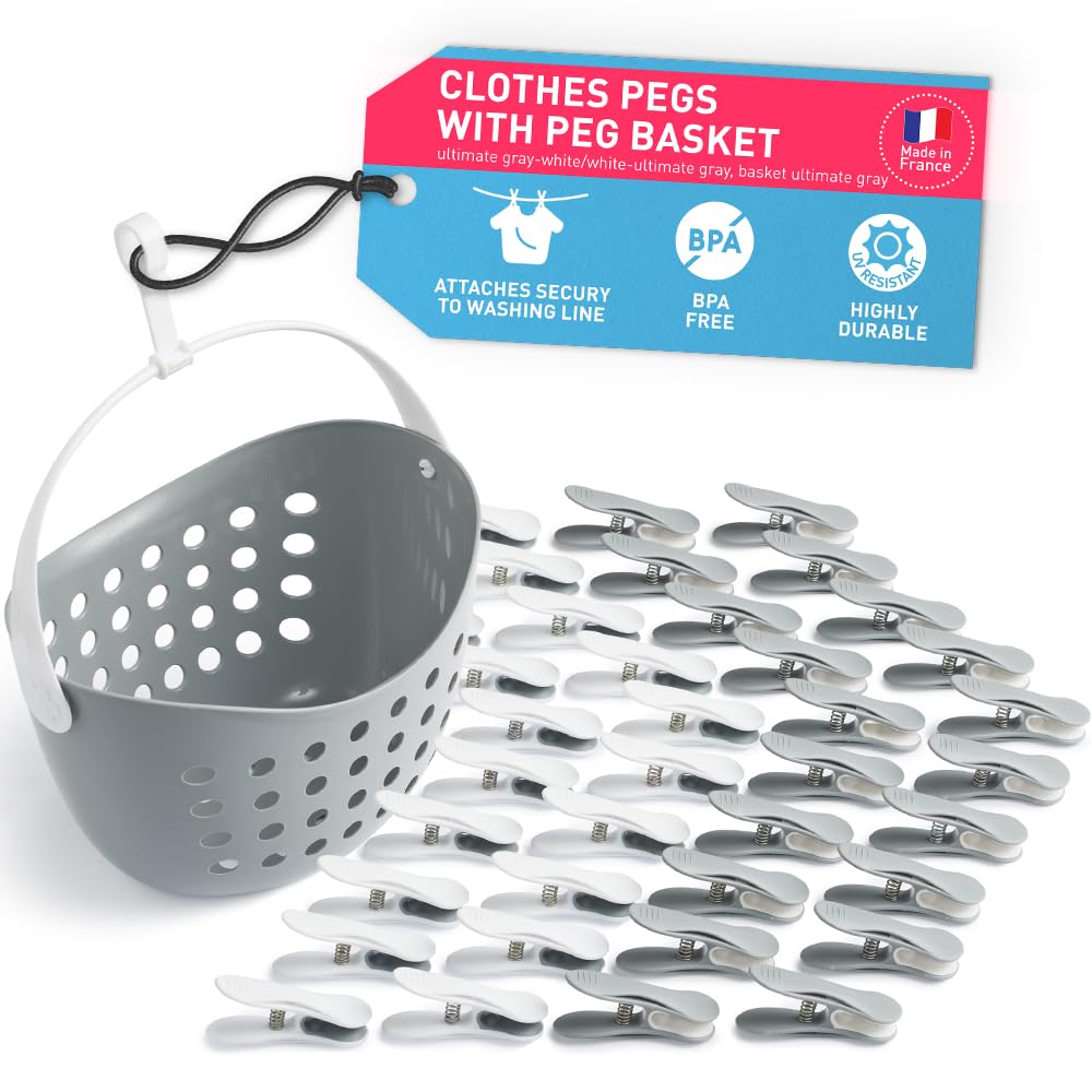 culiclean Clothes Pegs for Washing Line – Clothes Peg and Bag Set with Peg Basket for Washing Line – Washing Peg and Basket with Hanger – 40 Pegs, 1 Holder – ultimate grey-white/ultimate grey