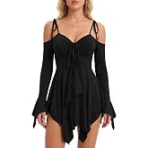 VONMELLI Women Fairy Renaissance Dress Handkerchief Mini Dress | Women's Fairycore Dress, Off-Shoulder Flare Sleeves, Tie Straps, For Gothic, Witchy, Renaissance, Medieval, Ren Faire Costume