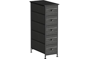 YILQQPER Narrow Dresser Storage Tower with 5 Removable Fabric Drawers - Slim Dresser with Steel Frame, Wood Top, Knob, Black Dresser for Bathroom Organizer, Closet, Small Spaces,Charcoal Black