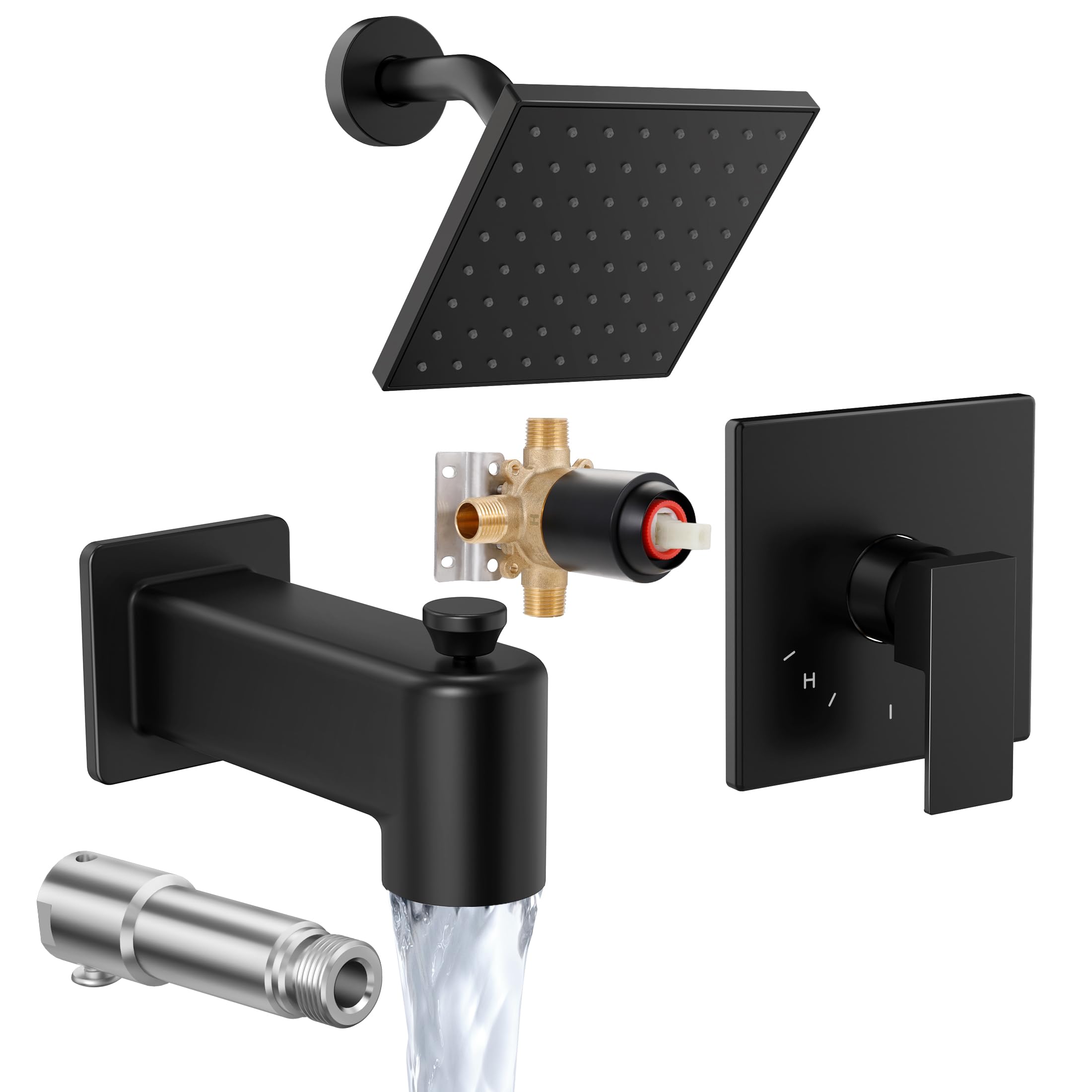 KES Tub Shower Faucet Set with Valve, Black Shower Faucet Set with All Metal Tub Spout, 6-inch ...