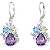 EUSJ 925 Sterling Silver Butterfly 5A Cubic Zirconia Dangling Earrings for Women Flower and Leaves Colorful Temperament Earrings Gifts for Mom/Friends