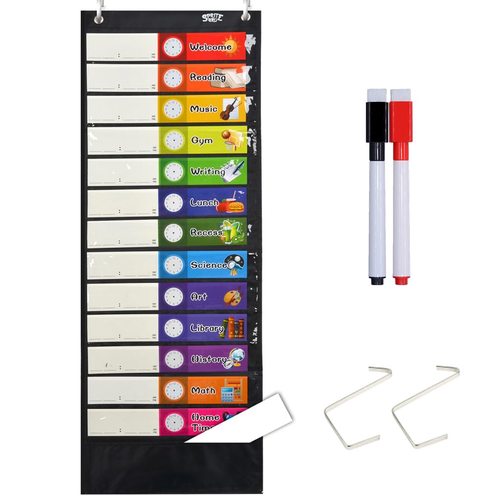 Daily Schedule Pocket Chart， Black Class Schedule with 26 Cards, 13+1 Pockets. 13 colored + 13 blank double-sided reusable Cards, Easy Over-door Mountings included. (13” x 36”)