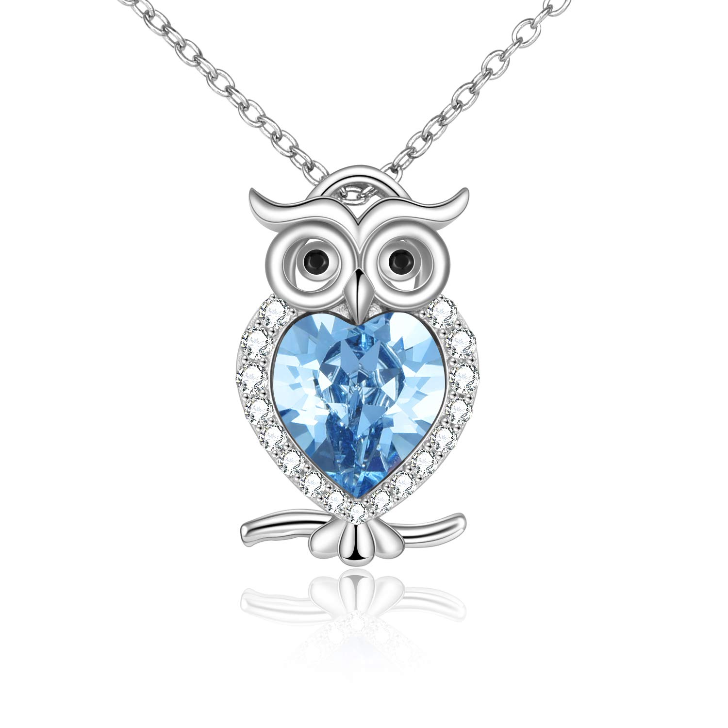 WINNICACA Owl Necklace S925 Sterling Silver Blue March Birthstone Pendants Cute Animals Jewellery Mom Gifts for Women