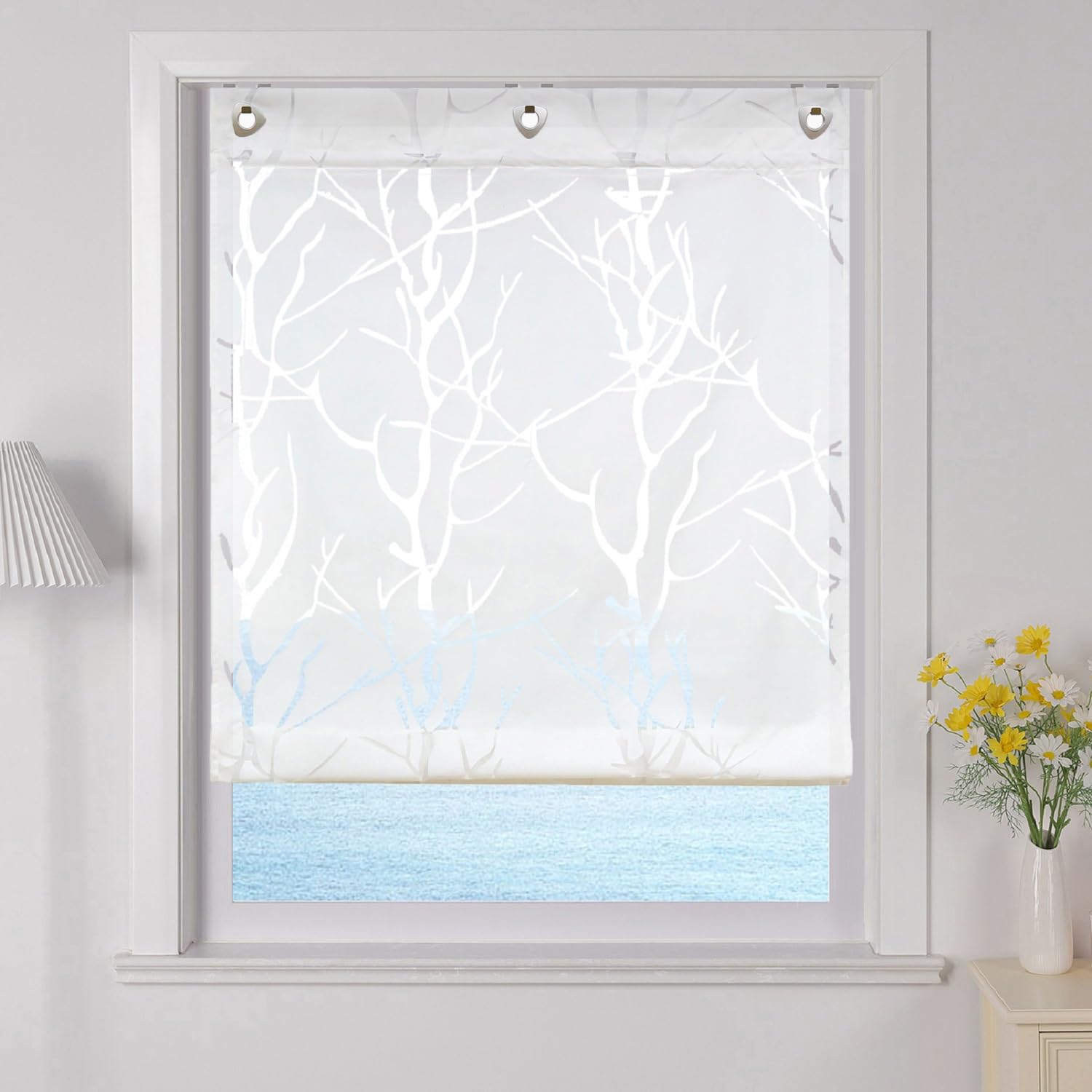 ESLIR Roman Blind Kitchen Roman Curtains Semi Transparent Eyelet Blind Curtains Modern Burnout White #2 W x H 100 x 140 cm Pack of 1