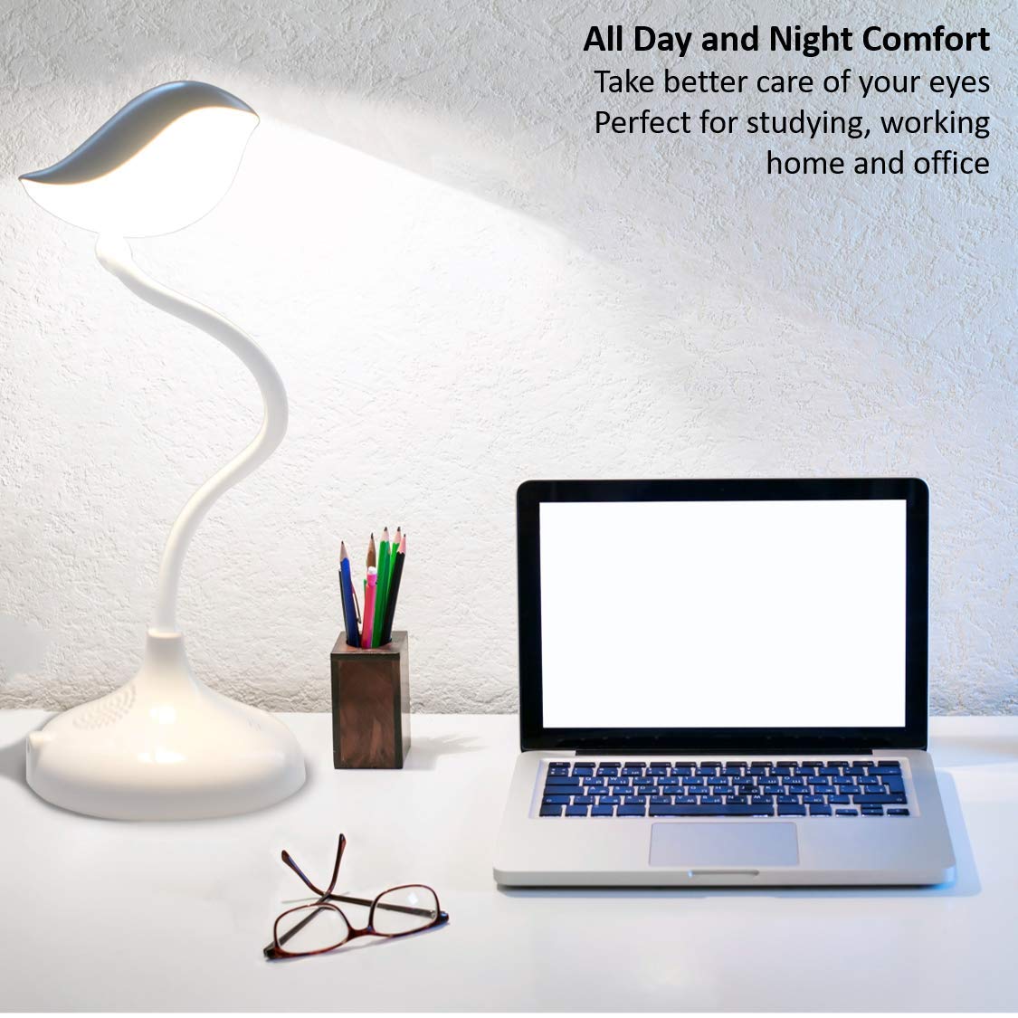 Songbird Reading Table Lamp with Wireless Bluetooth Speaker Touch Dimmable 3-Level Adjustable Brightness Flexible Gooseneck Bedside Lamp Eye-care LED Light with Lithium Battery USB Charge Portable (Warm White)