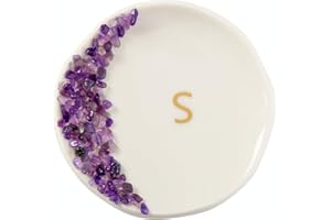 MAXSIRUI Ceramic Initials Ring Dish with Brazilian Amethyst Inlaid, Cute Room Decor Aesthetic, Decorative Jewelry Tray Trinket Dish, Engagement Wedding Birthday for Women (S)