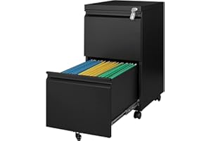 LISSIMO 2 Drawer Metal File Cabinet, Rolling File Cabinet with Lock for Hanging Legal/Letter Size,Under Desk Filing Cabinet for Home Office Assembly Required Black