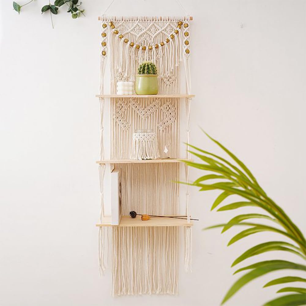 Smallterm 3-Tier Hanging Shelves Boho Wall Decor Storage Organizer Wall Hanging Floating Wall Shelves for Bedroom Bathroom Nursery, Boho Wall Decor Shelves for Plant Pot 40×120cm