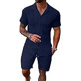 UOUA Summer Outfits for Men 2 Piece Short Sleeve Button Down Shirt & Shorts Set Casual Vacation Beach Tracksuit
