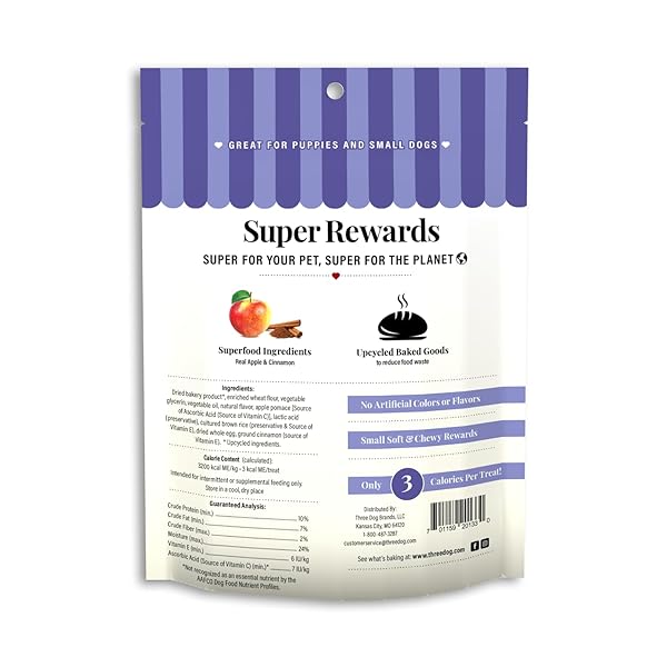 THREE DOG BAKERY SUPER REWARDS TRAINING TREATS FOR DOGS, LOW-CALORIE 4-CALORIE DOG TREATS WITH REAL SUPERFOODS ORCHARD APPLE PIE FLAVOR, 8 OZ RESEALABLE POUCH