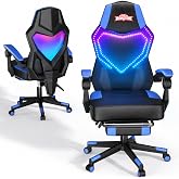 Mr IRONSTONE Gaming Chair with Footrest, Ergonomic Reclining Gamer Chair with Lumbar Support, Racing Video Game Computer Chair with RGB LED Lights, Blue