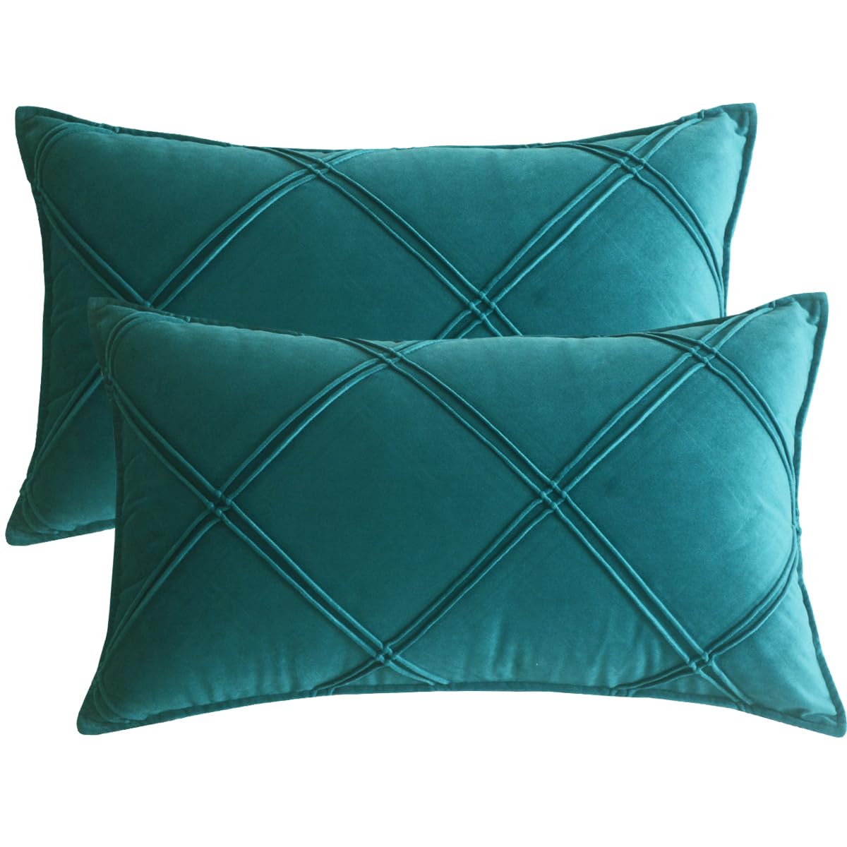 Lutanky Peacock Green Velvet Cushion Covers Decorative Rectangle Throw Pillow Covers Checked Design Elegant Pillowcases for Sofa Bed Living Room 12x20 Inch 30 x 50 cm Set of 2
