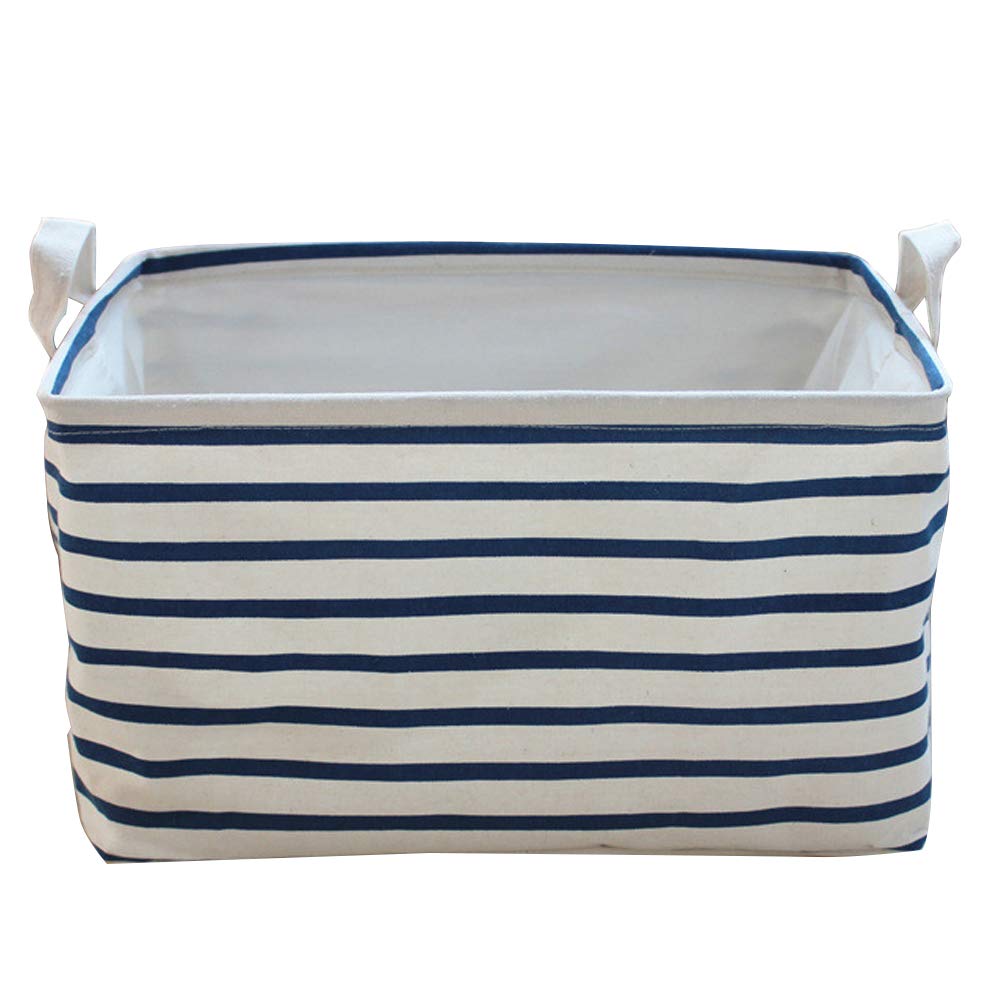 Cinotech Toy Storage Bins Canvas Collapsible Storage Basket with Handles Blue Striped Toy Organizer for Nursery,Kid\'s Toys,Closet & Laundry,Gift Basket,15 * 11.8 * 8.7\'\'