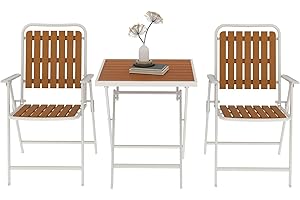 Aug-guan 3 Piece Outdoor Bistro Set with Yellow Wood-Look Tabletop, Patio Table and Chairs Set of 2, Folding Small Balcony Furniture for Garden, Deck, Porch, Outdoor Bistro Patio Set