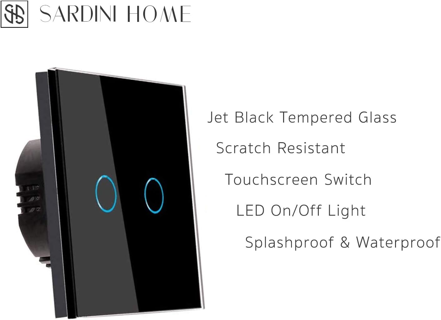 Sardini Home Nero Black Tempered Glass UK Touch Screen Single Wall Light Switch - 2 Gang 1 Way with Responsive LED On/Off Indicator - Image 4