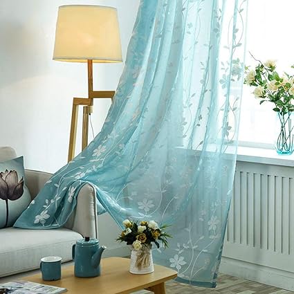 Amazon Com Living Room Blue Floral Vine Embroidered Sheer