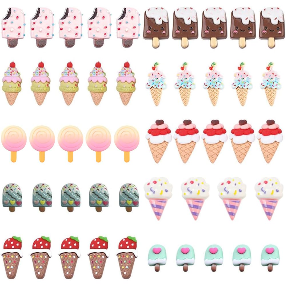 SUNNYCLUE 1 Box 50Pcs Ice Cream Resin Charms Cabochons Lollipop Resin Slime Charms Mixed Color Flatback Buttons Cabochons Accessories Ornaments for DIY Scrapbooking Craft Decoration