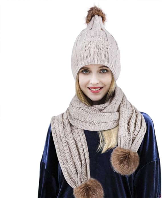 Knitted Ski Hat Scarf Set Warm Winter Hat for Girls Women Fashion Beanie Hat Cap Scarf Set