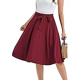 Bbonlinedress Womens Vintage Summer Casual A-line Midi Skirt Elastic Wide Waist Flared Skirt with Belt