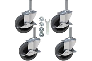 AAGUT Caster Wheels, 3 Inch Rubber Heavy Duty 3/8"-16 x1-1/2" Threaded Stem Industrial Castors, Locking Brakes Metal Swivel Wheel, Replacement for Carts Furniture Dolly Workbench Trolley,Set of 4