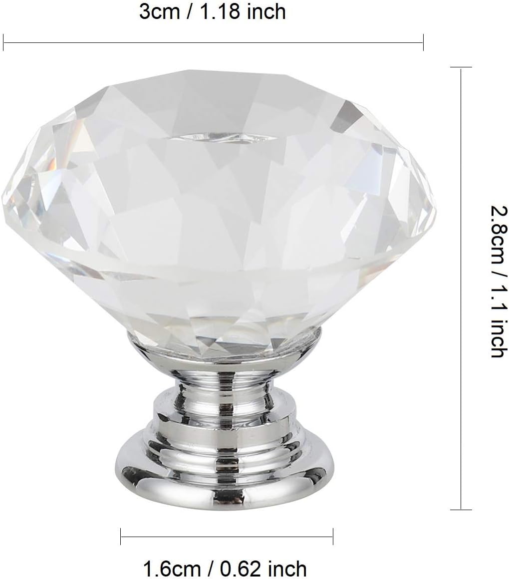 Vandicka 20 Pack 30mm Crystal Glass Cabinet Door Knobs Cupboard Wardrobe Dresser Drawer Pull Handles (Clear Diamond + Chrome Base) with Screws in 3 Sizes - Image 3