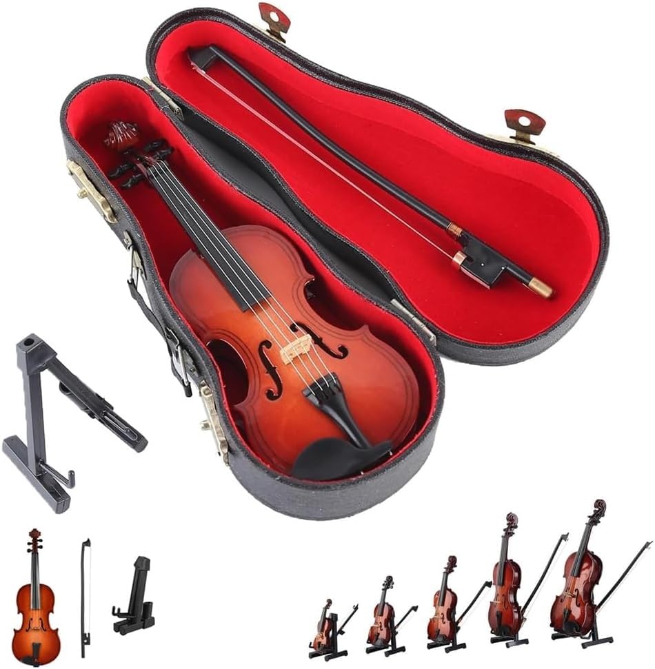Wooden Miniature Violin with Stand, Bow & Case - Mini Musical Instrument Dollhouse Model Home Decoration Collectible Figurines Display Ornament Small Joke Gift(Size:8cm)