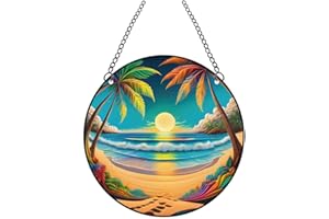 WQVSHRO 5.9'' Beach Sunset Stained Acrylic Window Hanging,Coconut Tree Beach Acrylic Window Decor, Hawaiian Wall Art Hanging Decorations for Home, Cafe, Bar (Beach)