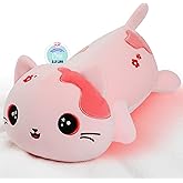 Microwave Weighted Cat Stuffed Animal - 2.2 Pounds Big Pink Cat Plush Machine Washable Cute Heating Pad Animal Pillow Warm Plushies Toy for Adults Kids Pink Flower Embroidery Valenine's Gift 15 Inch
