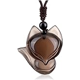 Jovivi Natural Tiger Eye/Ice Obsidian/Fluorite Fox Necklace Healing Crystal Gemstone Necklaces Pendant Protection Amulet Charm