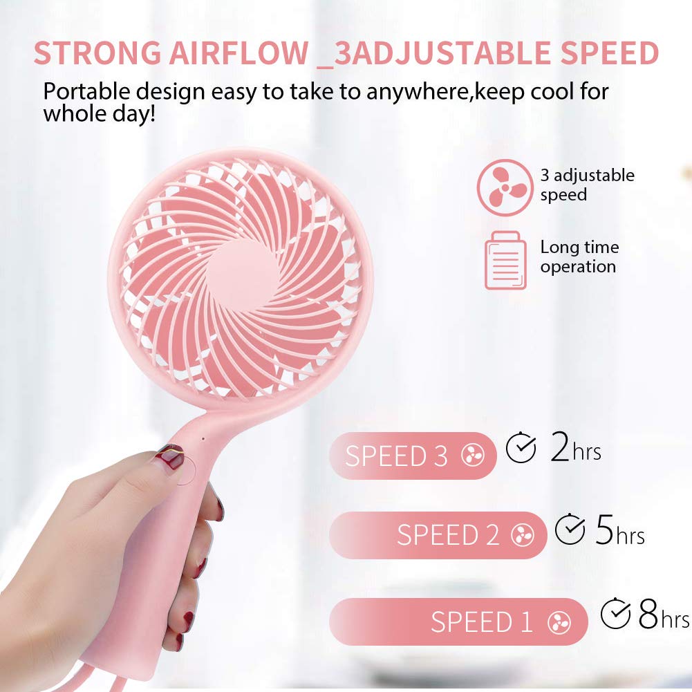 LBTbate Mini Handheld Fan Portable, Hand held Personal Fan Rechargeable Battery Operated Powered Cooling Desktop Electric Fan with Base, 3 Speeds for Home Office Travel Outdoor (Pink)