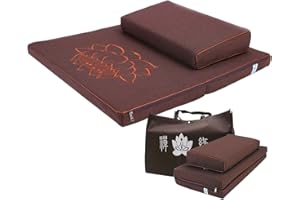 LMIYATT Portable Zabuton Meditation Cushion Set with Beautiful Bag, Large Rectangular Zen Pad and Foldable Square Floor Pillows for Adults, Yoga Mats, Washable Cover (23.6x23.6x1.9in, brown with lotus)